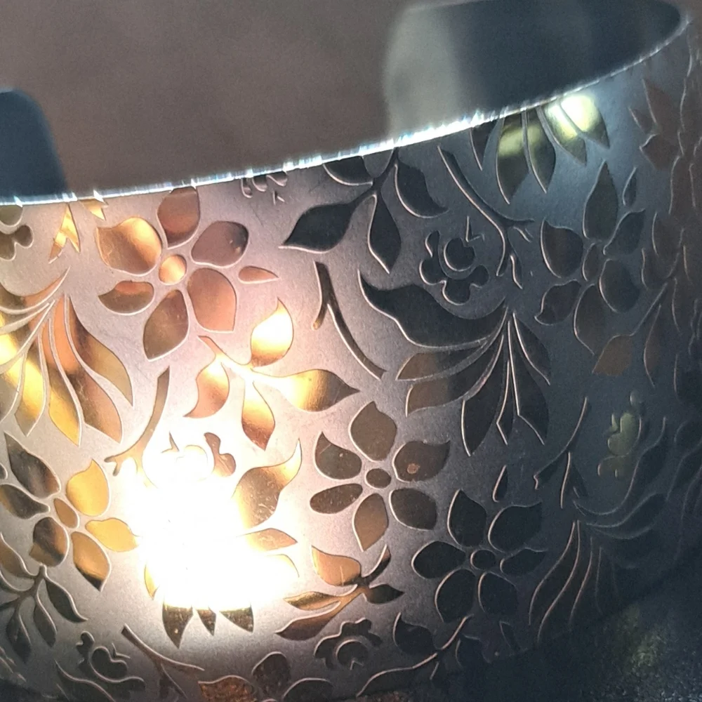 Vintage Stainless Steel Bangle Lovely Raised Gold Toned Flowers Relief Design